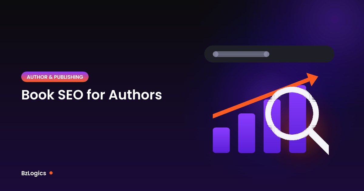 Illustration of a search bar, magnifying glass and rising bar chart for the article: Book SEO for Authors: How Readers Find Your Book Online