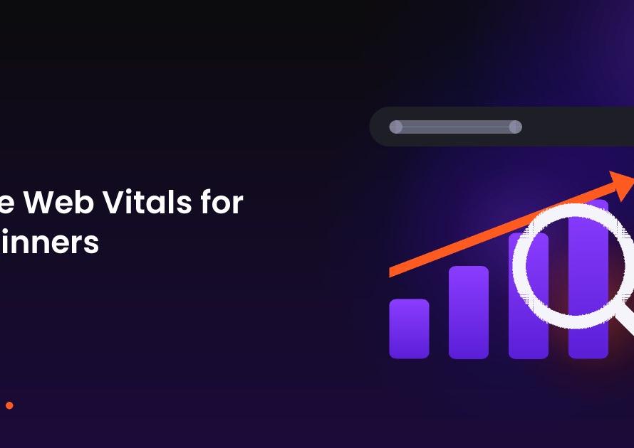 Illustration of a search bar, magnifying glass and rising bar chart representing site performance and SEO