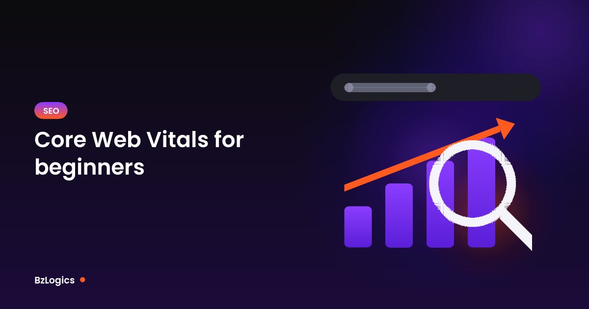 Illustration of a search bar, magnifying glass and rising bar chart representing site performance and SEO