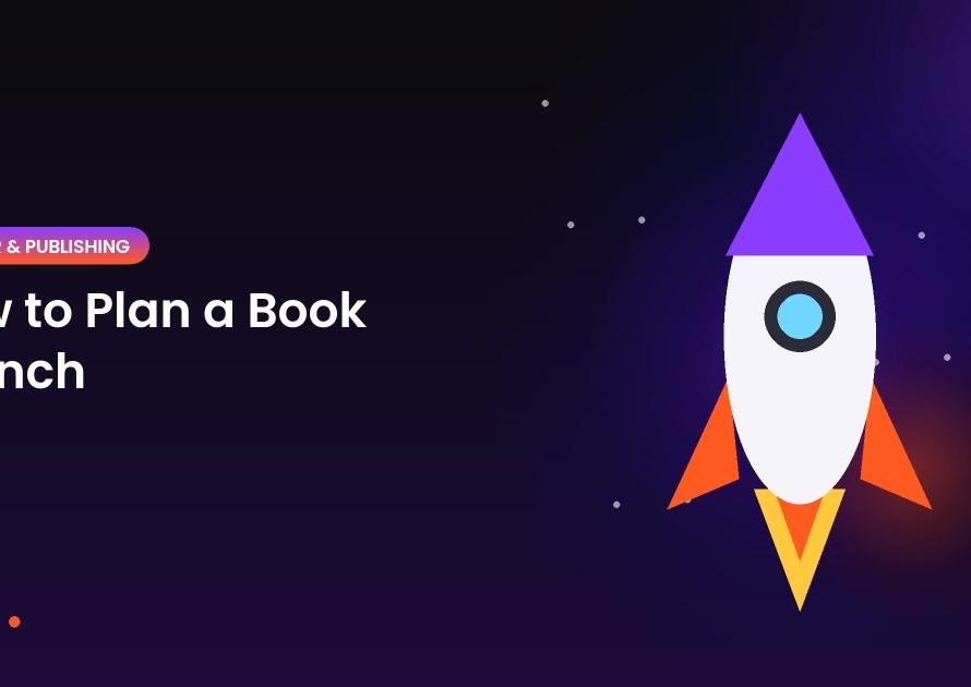 Illustration of a rocket launching above a night sky for the article: How to Plan a Book Launch: A Simple Timeline for Authors