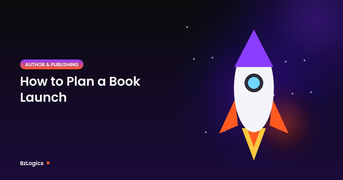 Illustration of a rocket launching above a night sky for the article: How to Plan a Book Launch: A Simple Timeline for Authors