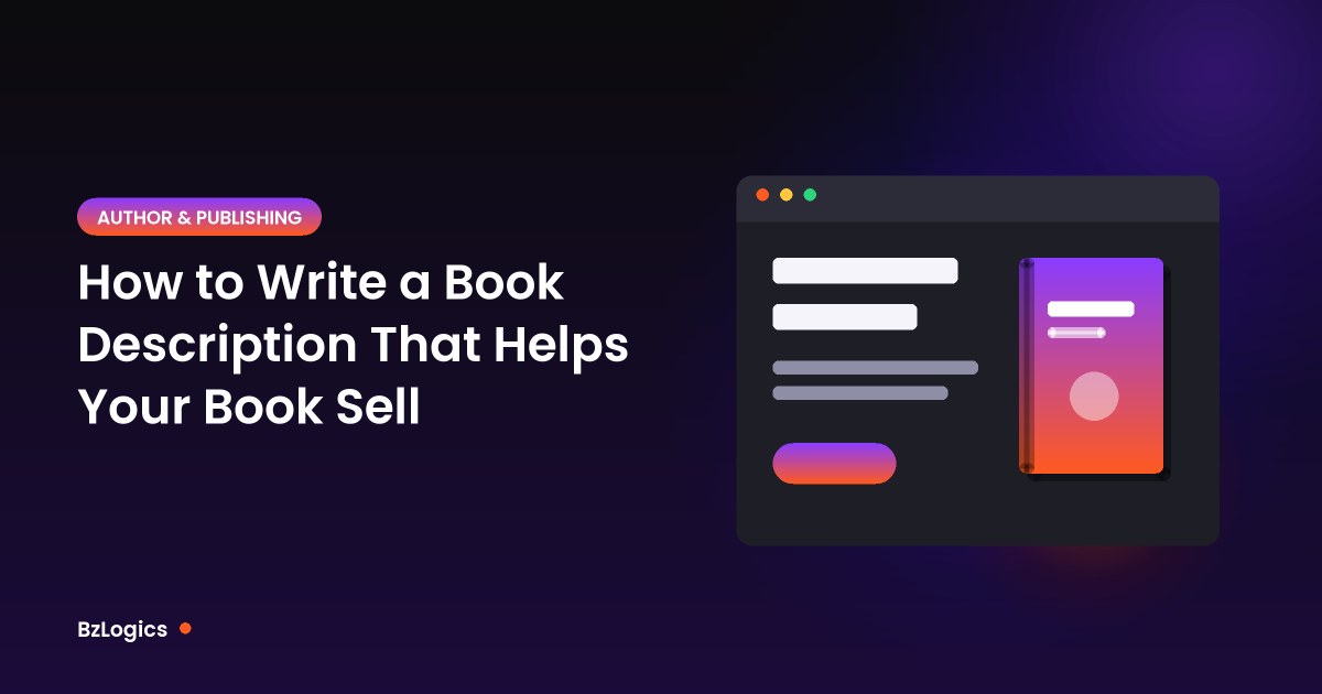Illustration of a website in a browser window next to a book cover for the article: How to Write a Book Description That Helps Your Book Sell