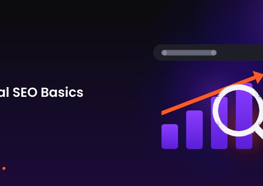 Illustration of a search bar, magnifying glass and rising bar chart for the article: Local SEO Basics: How Small Businesses Get Found in Their Area