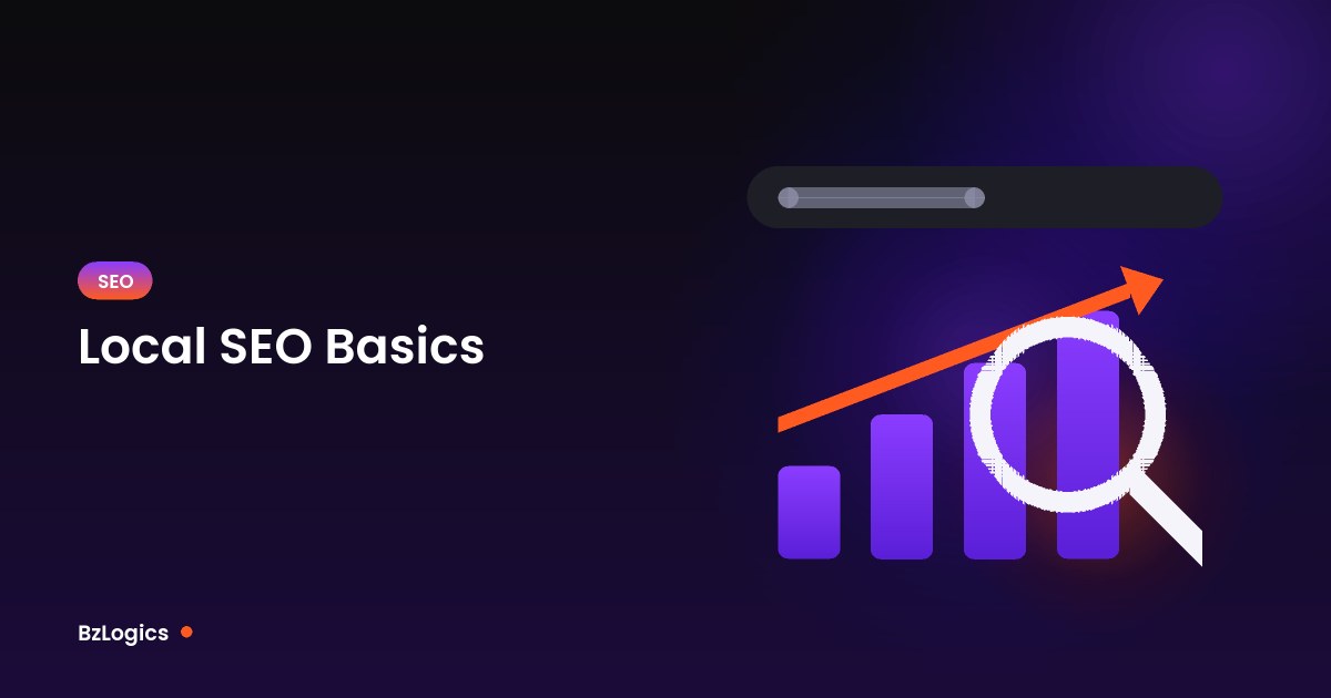 Illustration of a search bar, magnifying glass and rising bar chart for the article: Local SEO Basics: How Small Businesses Get Found in Their Area