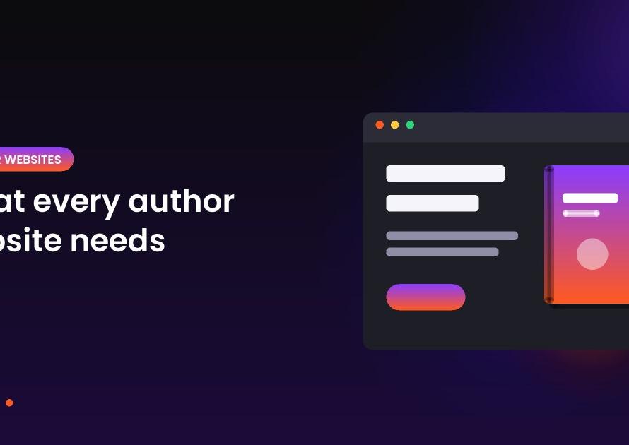 Illustration of an author website in a browser window next to a book cover